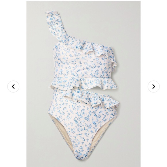 Peony Renaissance Ruffle One Shoulder One Piece Swimsuit in Porcelain - Picture 3 of 7